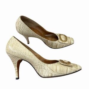Vintage 1950’s/60’s Embossed Leather Stiletto Heels, Square Toe, Size 8